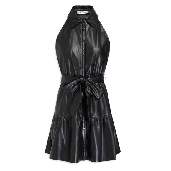 Alice + Olivia Miranda Vegan Leather Tiered Button Down Sleeveless Mini Dress - Picture 13 of 16